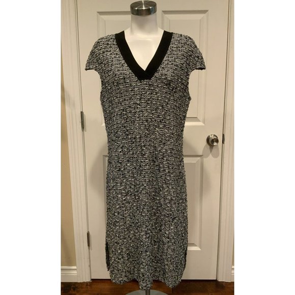 St. John Black Label Black & White Tweed V-Neck Dress, Size 12